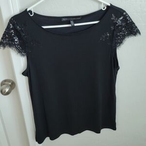 Black short-sleeved shirt with sequin and lace detail
